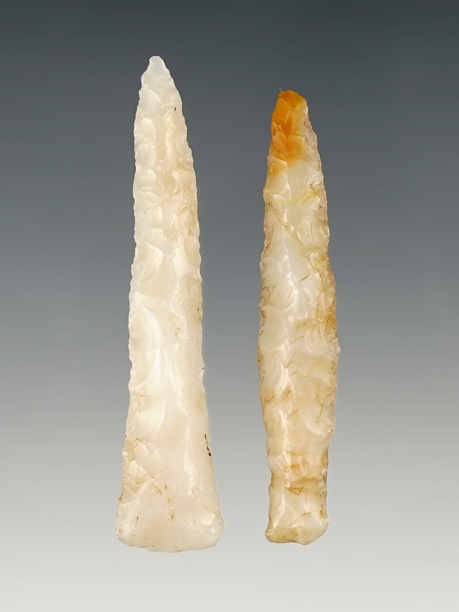 Pair of Nice Chalcedony Drills found in Benton Co., Washington. The largest is 2 1/16".