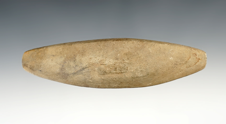 5" Undrilled Expanded Center Gorget made from fine grained sandstone. Found in Knox Co., in 1983.