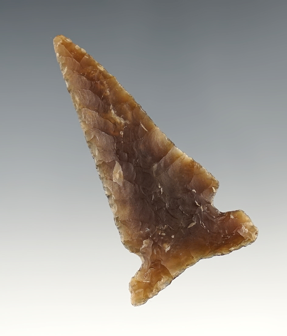 Superb 2 5/16" Long Creek found in North Dakota. Beautifully made from Knife River Flint.