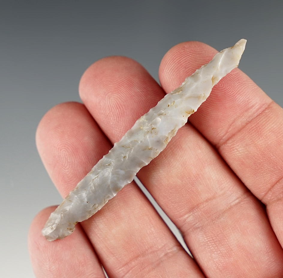 2 3/4" Flint Ridge Chalcedony Pin Drill. Found in Ohio.