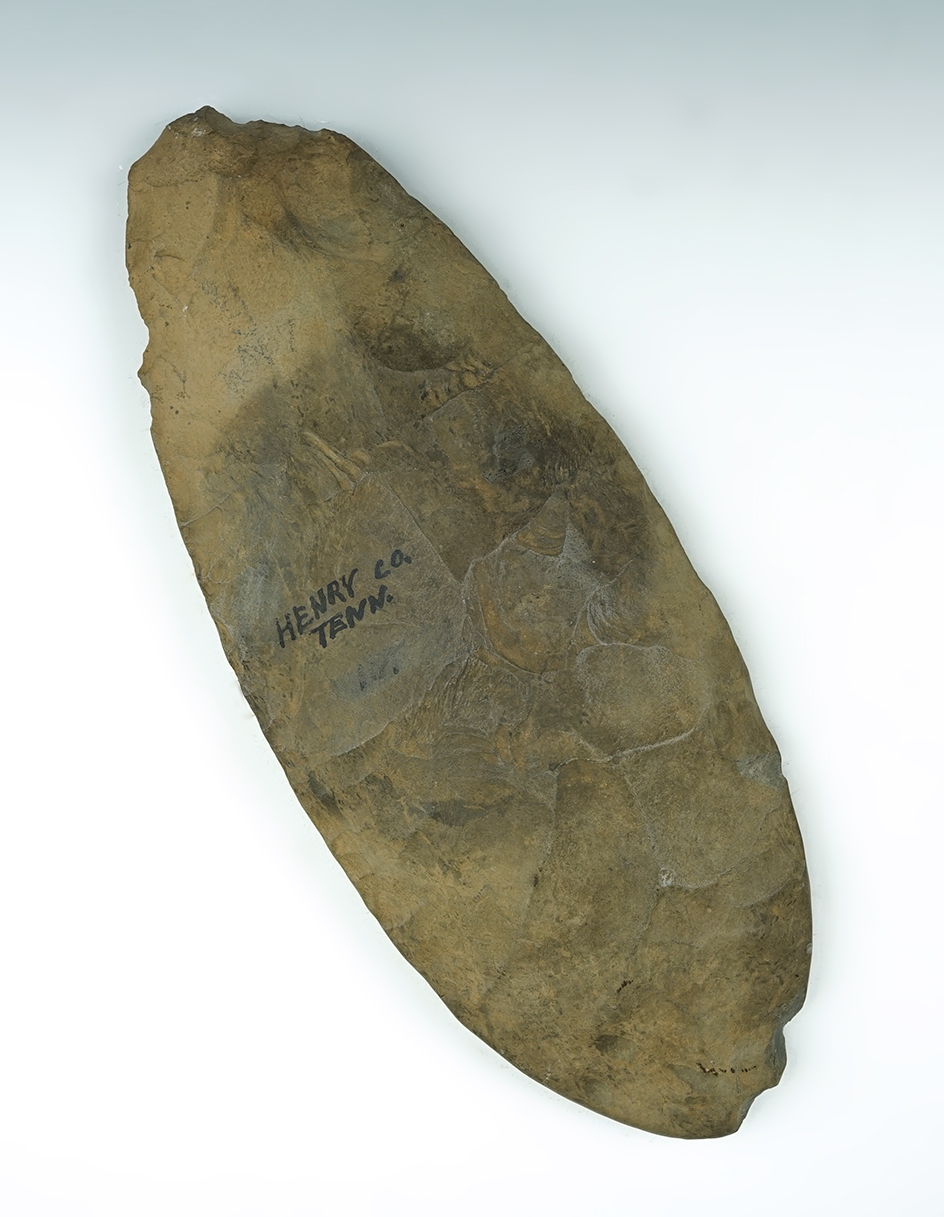 Very large 11 1/16" Dover Flint Spade found in Henry Co., Tennessee. One reglued chip at bit.