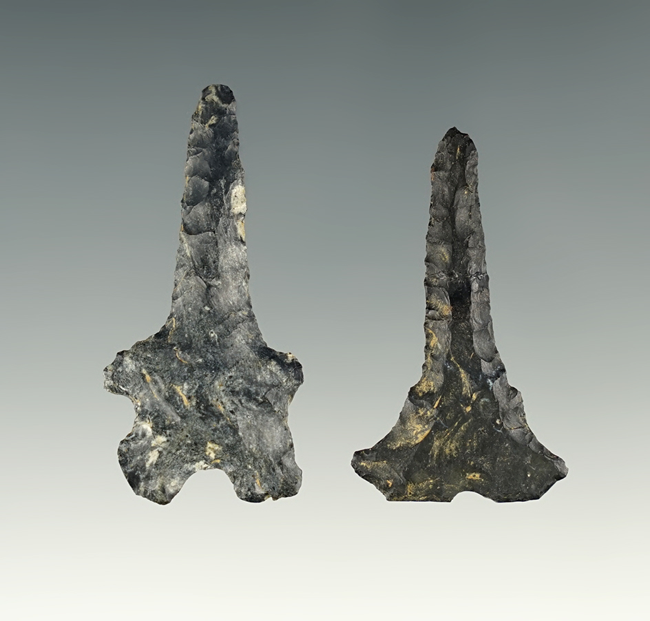 Pair of Archaic Drills including a rare bifurcated base type. Both found in Morrow Co., Ohio.