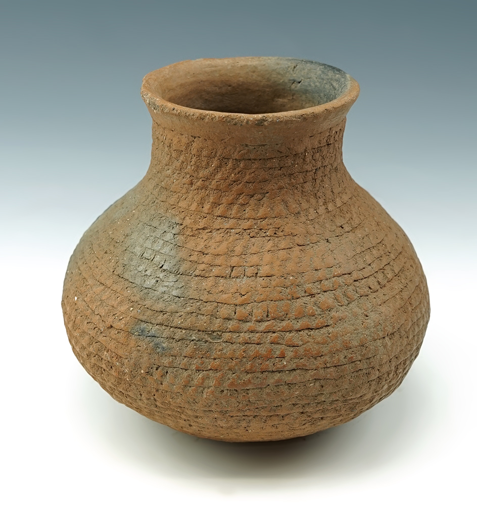 5 1/4" Tall Corrugated Pottery Vessel with only a couple minor rim chips, solid condition. Arizona.