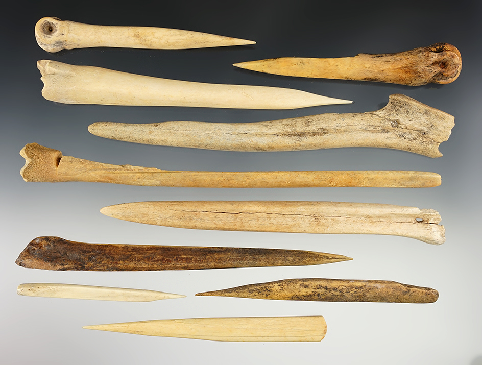Set of 10 nicely made Bone Awls found in New Mexico. The largest is 8 1/2".