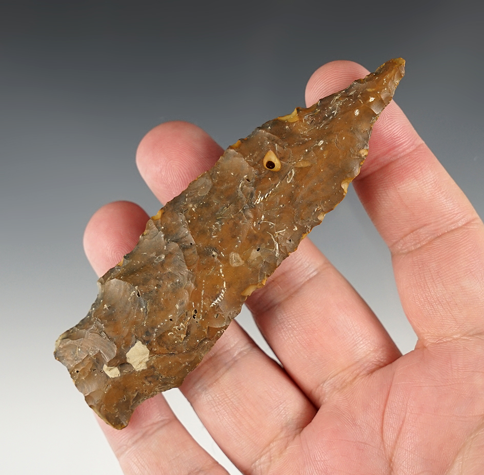 4 3/16" Etley Drill found in the Midwestern U.S. Made from nicely patinated brown flint.