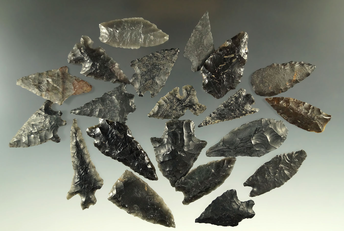 Group of 20 assorted obsidian arrowheads found in Nevada. Largest is 2 13/16".