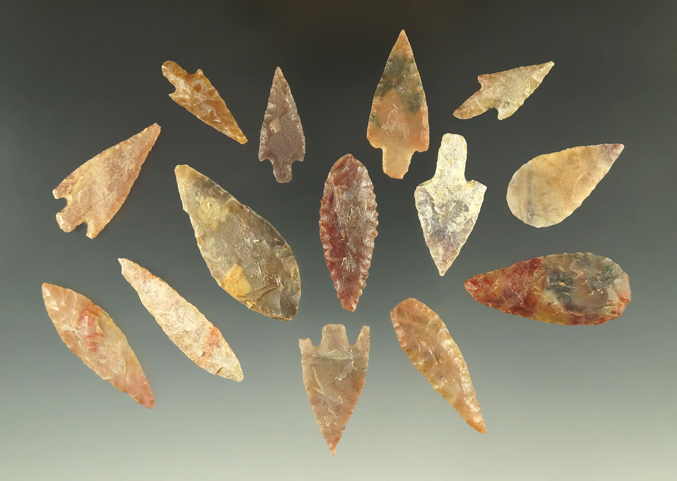 Set of 14 African Neolithic arrowheads from the northern Sahara desert region. Largest is 1 3/4".