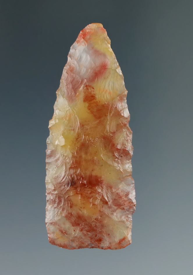 1 13/16" triangular point made from highly translucent purple, gold, red and clear agate - Utah.