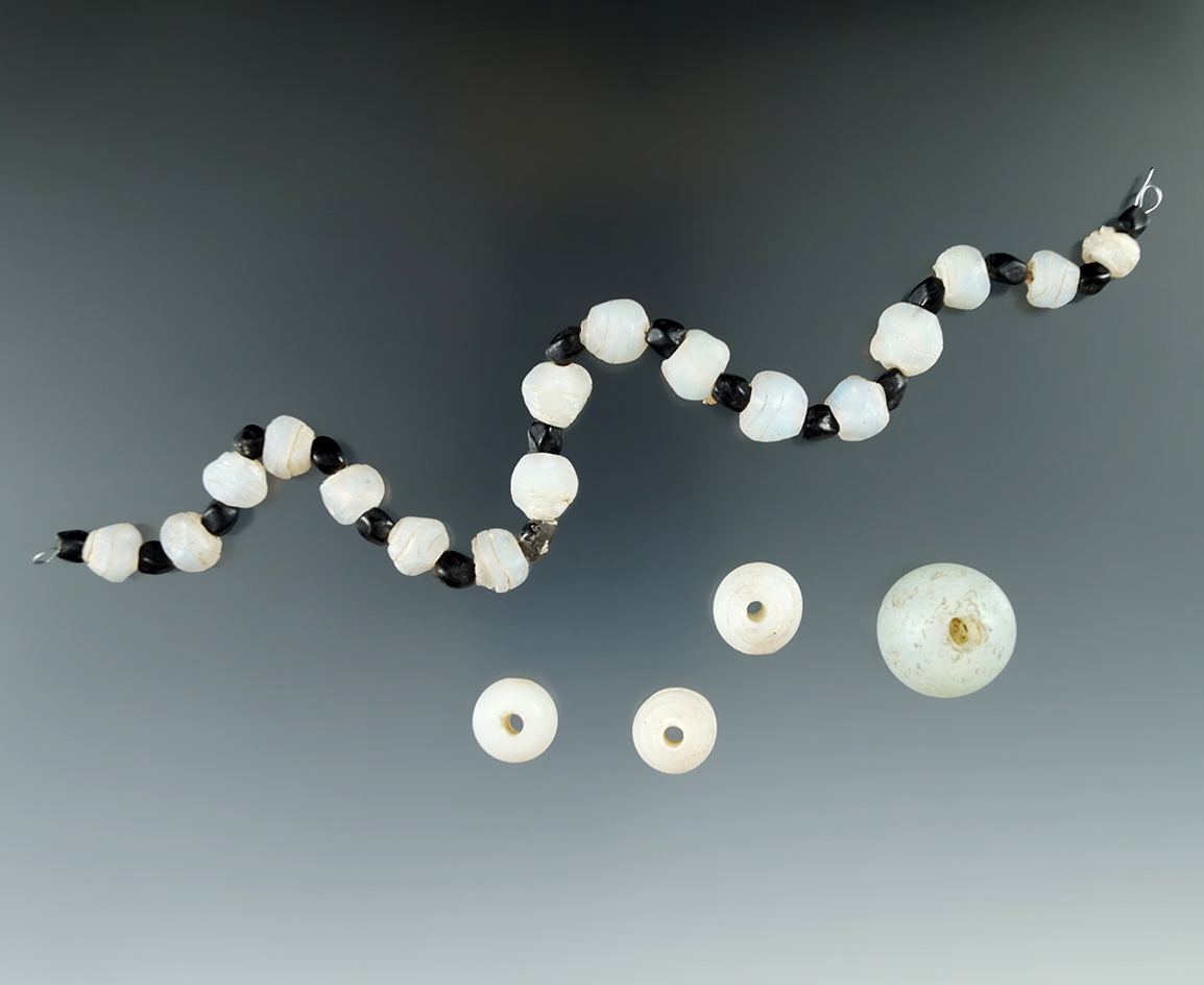 Rare! 9 1/8" strand of drilled beads - trade and rare opalescent stone faceted beads. Circa 1702-181