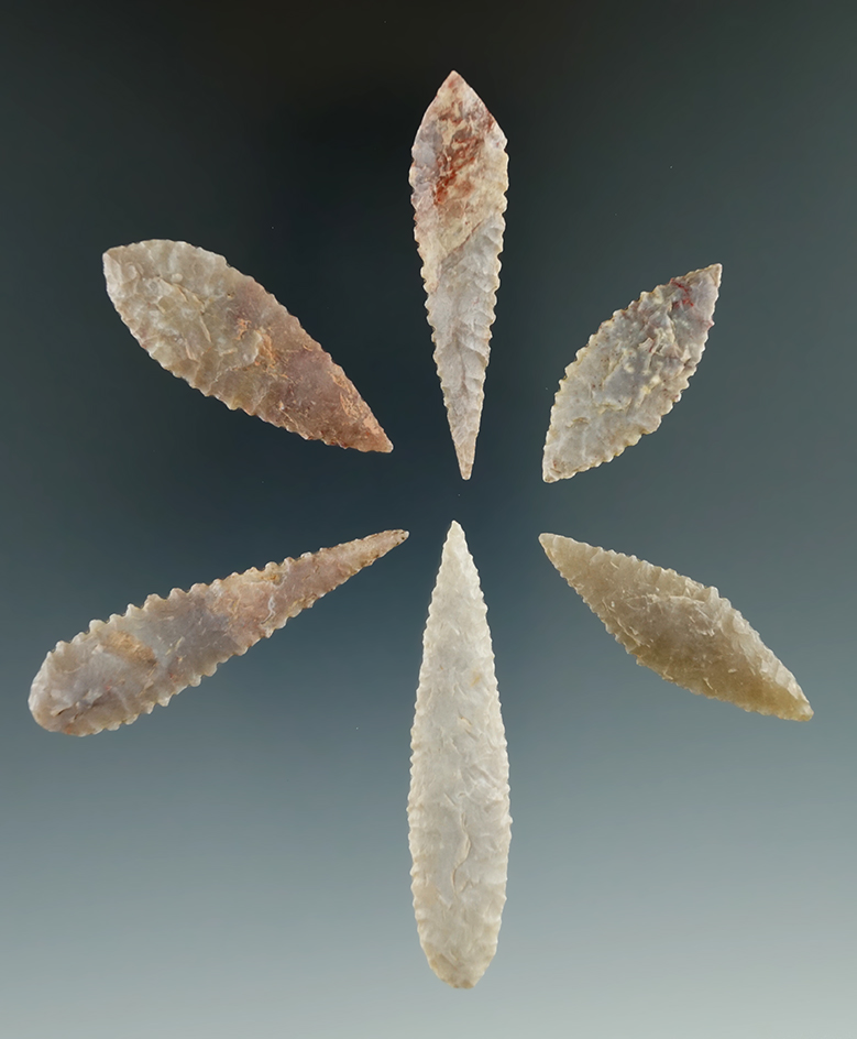 Set of 6 Neolithic African arrowheads found in Northern Sahara Desert Region. Largest is 2 1/8".