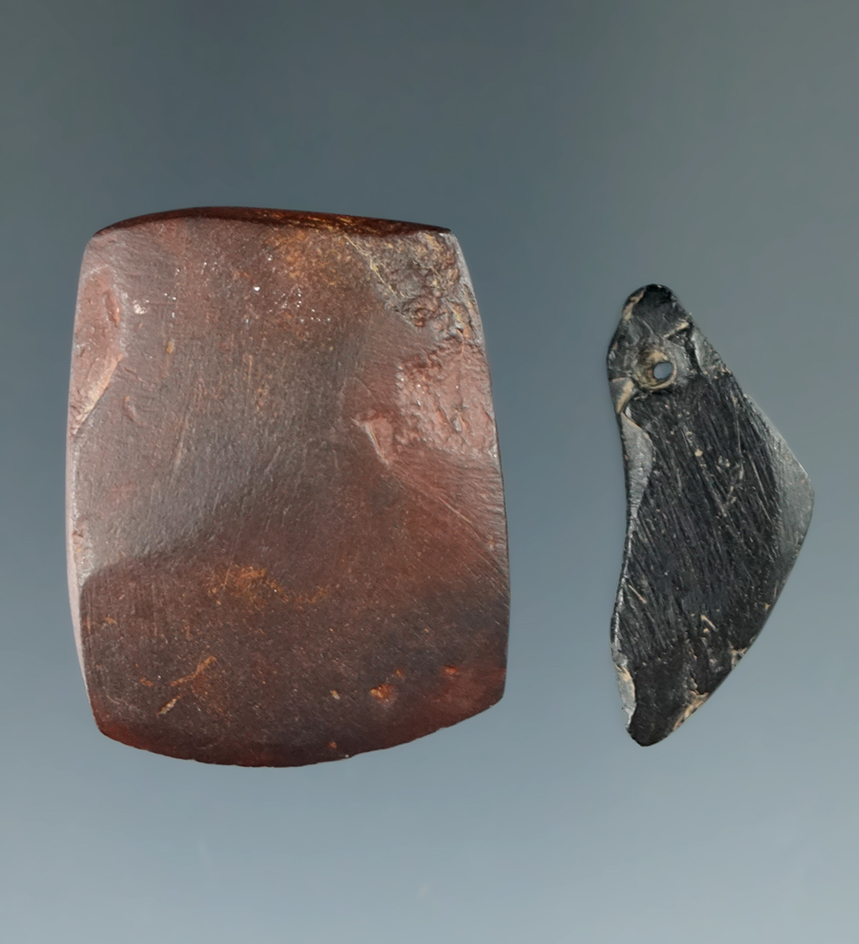 2 artifacts - Mason County WV; 1 1/2" hematite Celt and a 1 1/4" cannel coal claw effigy pendant.