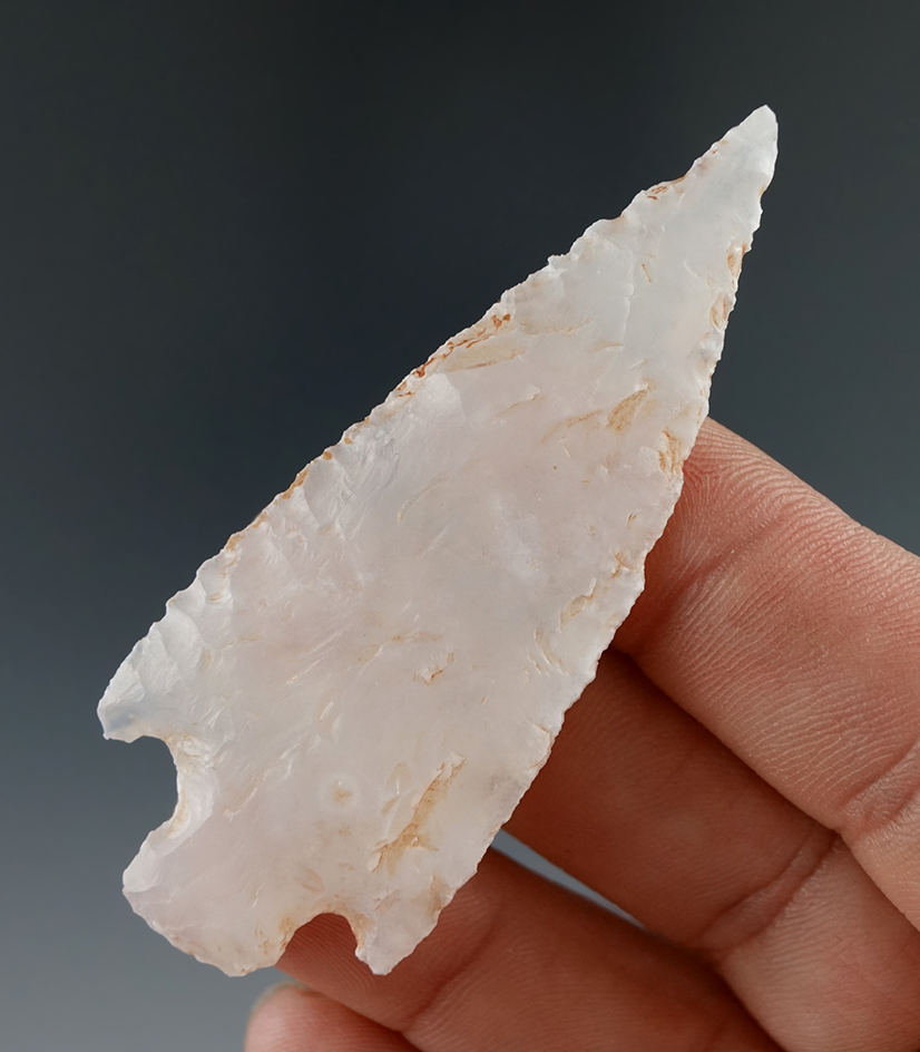 2 5/8" stemmed point made from highly translucent patinated agate found in Utah.