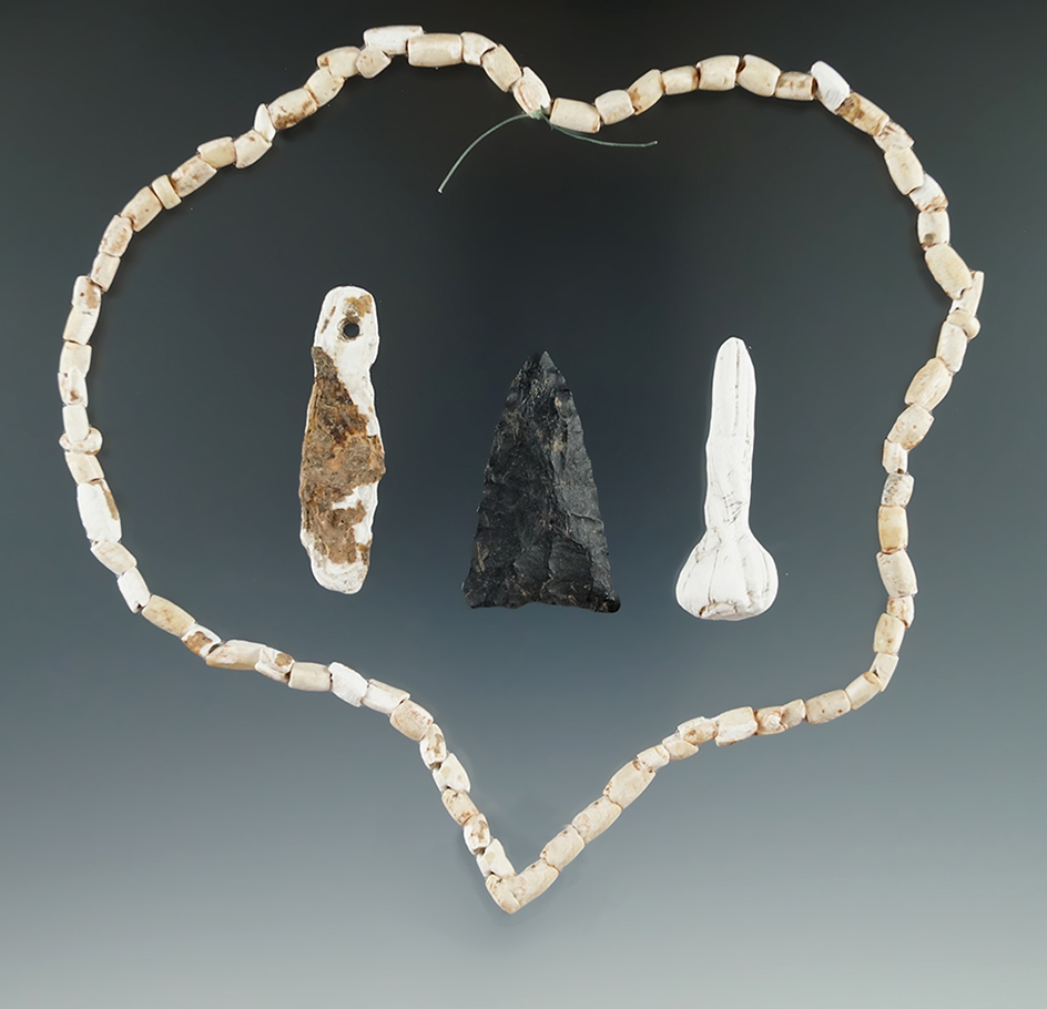 14" strand of drilled Shell beads, shell ornament, triangular arrowhead, shell pendant Cabell Co., W