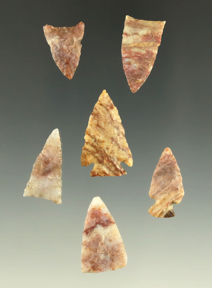 Set of six arrowheads found in Kansas, all in good condition. Largest is 1 1/16".