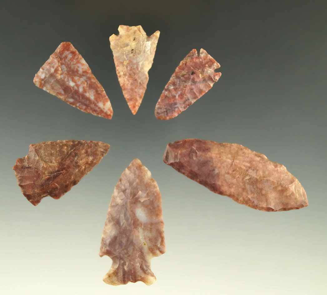 Set of six Alibates Flint arrowheads and Knives found in Kansas, largest is 2 5/16".