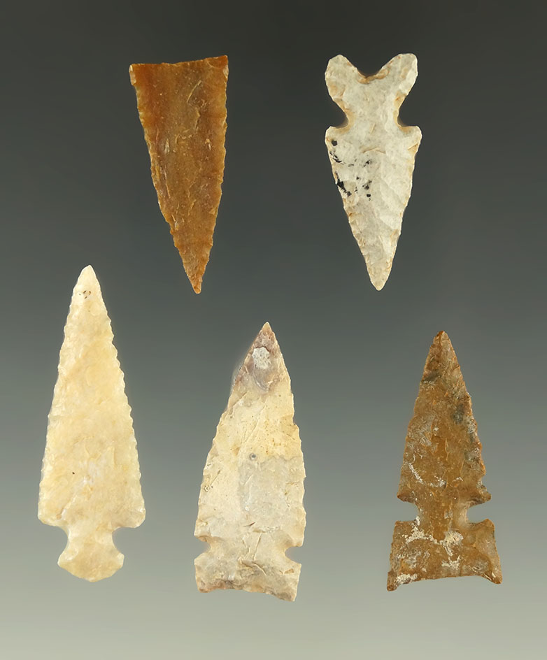 Set of five assorted arrowheads found in Kansas, all in nice condition. Largest is 1 9/16".