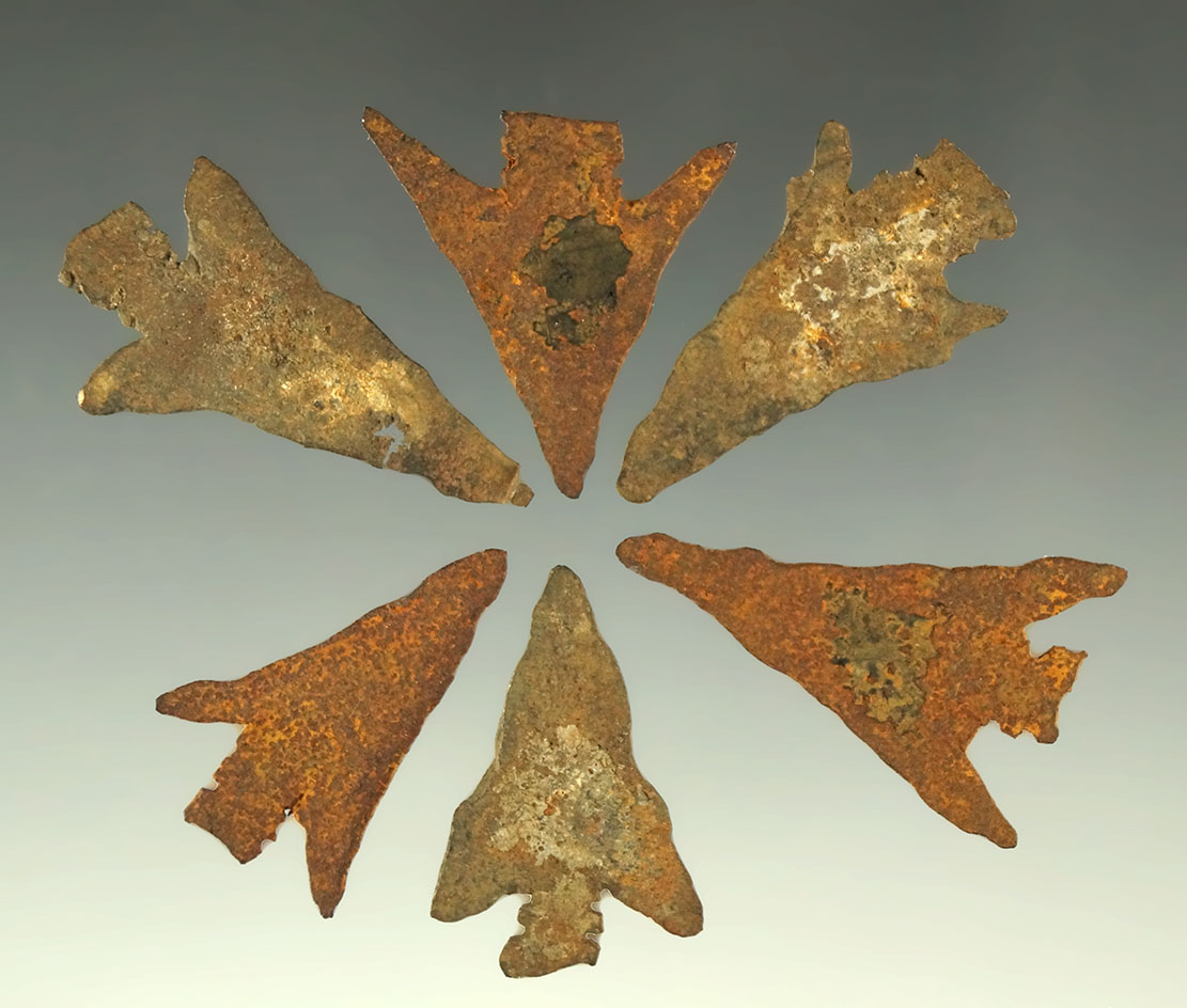 Set of six steel arrowheads made in the 1700s/1800s. Largest is 1 1/4".