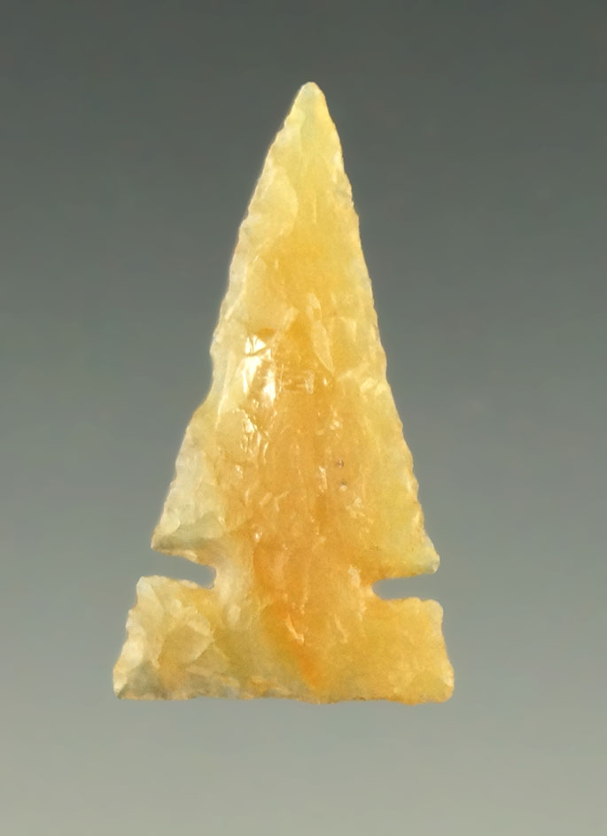 Excellent flaking on this 1 1/8" Plains Sidenotch point - highly translucent chalcedony - S. Dakota.