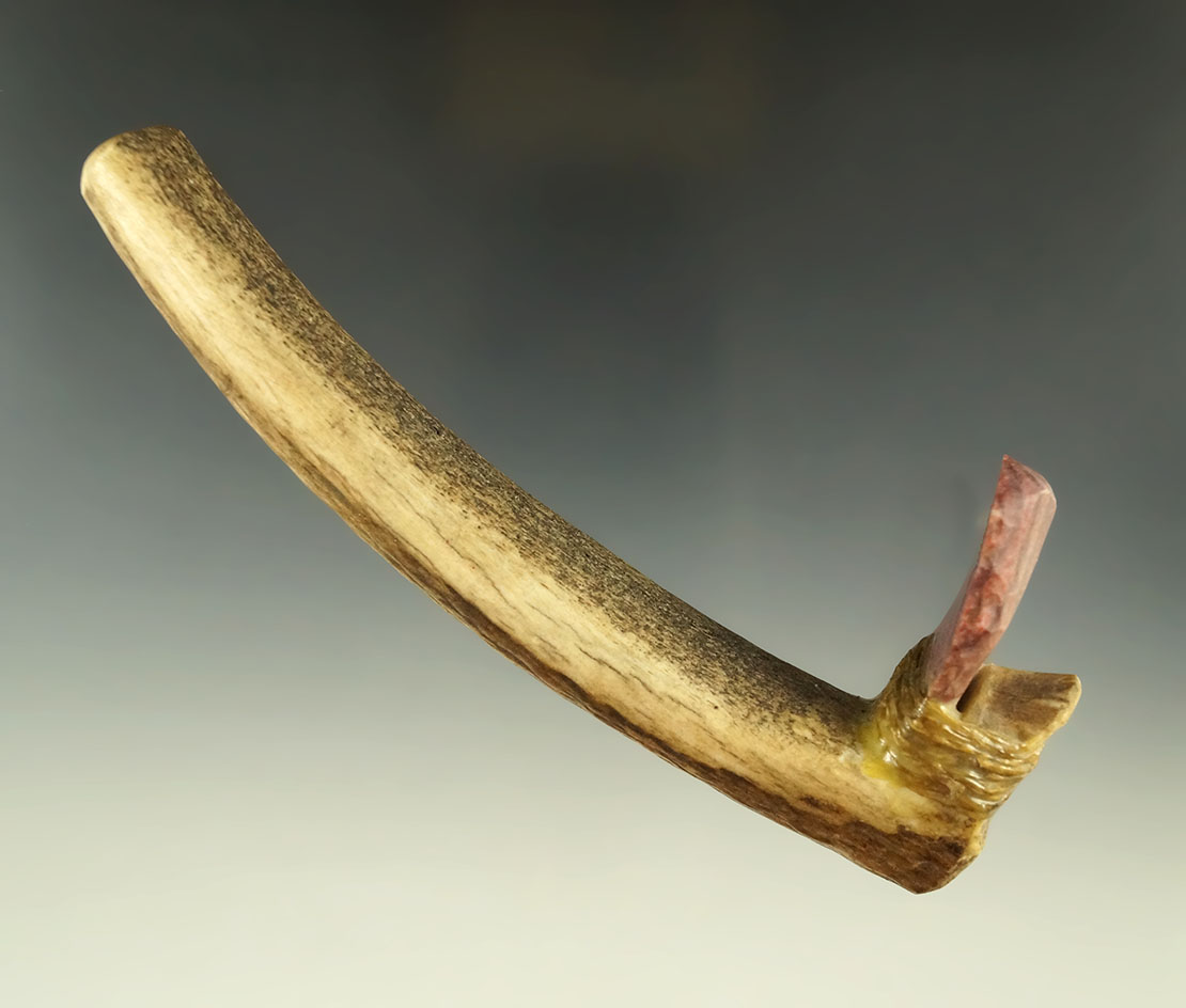 Authentic Alibates Flint scraper hafted into a contemporary handle for display. 6" tall overall.