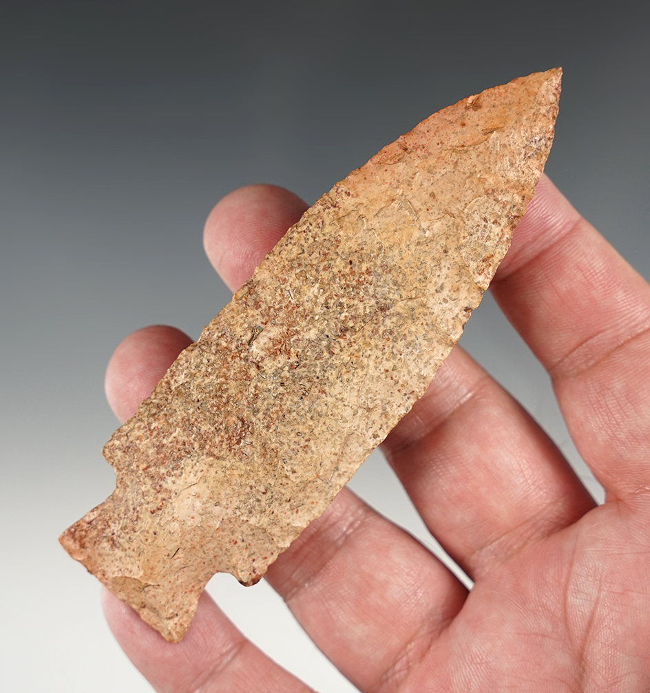 Outstanding 4 3/8" Bakers Creek found in Alabama. Made from colorful pink & cream colored flint.