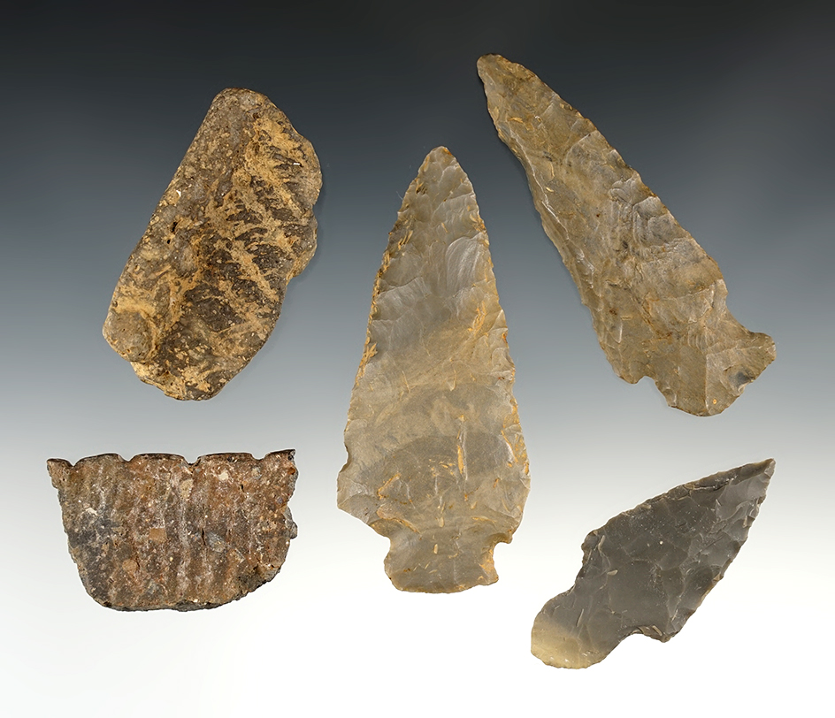 Set of 5 assorted flint and pottery pieces found near Lake Barkley in Trigg Co., Kentucky.