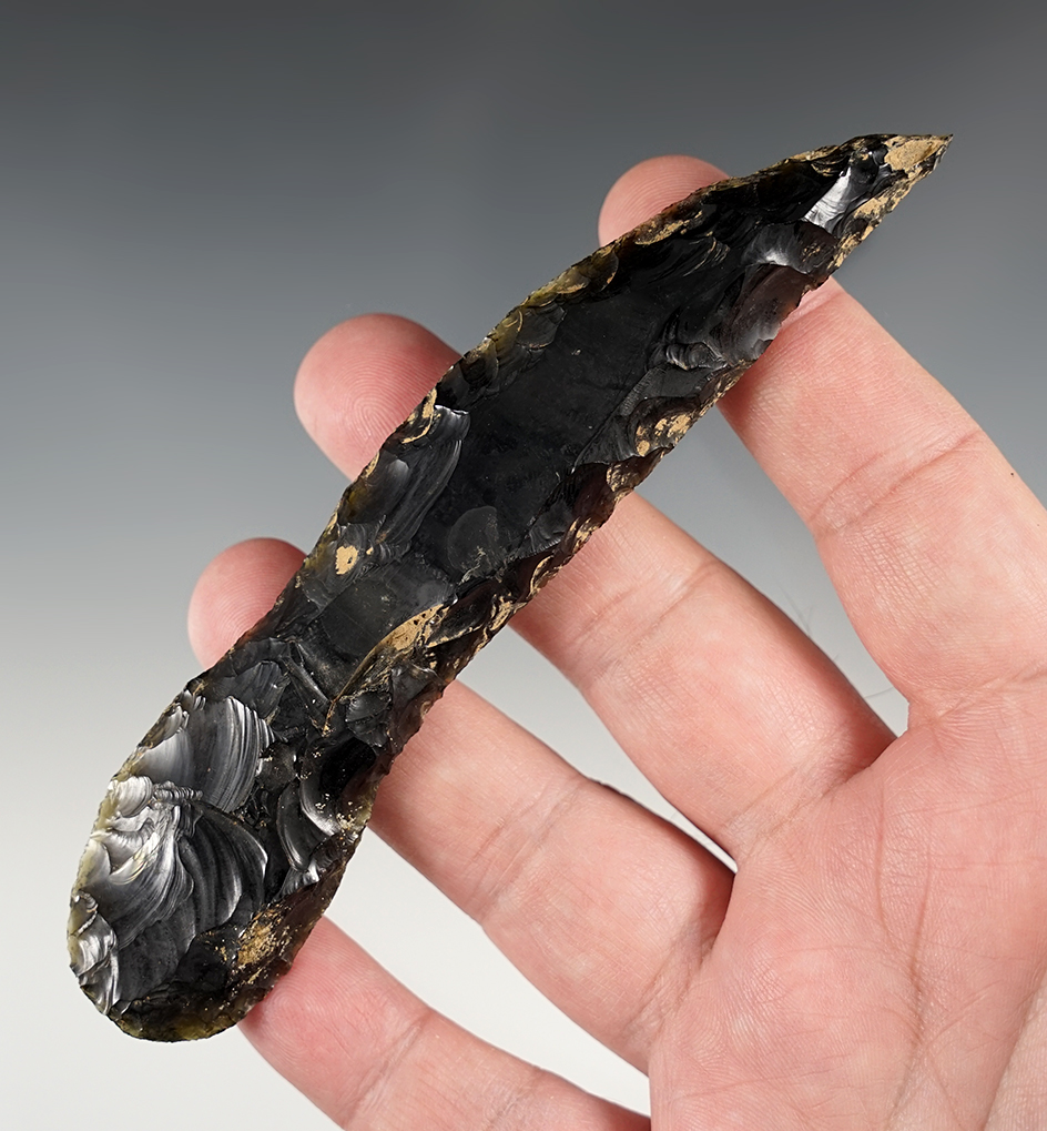 Precolumbian Knife made from Obsidian. Restored break near the middle. Found in Mexico.