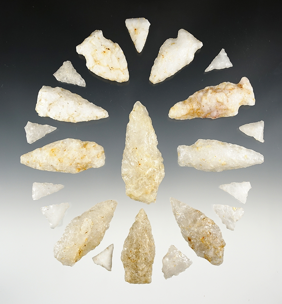 Set of 21 assorted Pennsylvania points made from Quartz. The largest is 2 11/16".