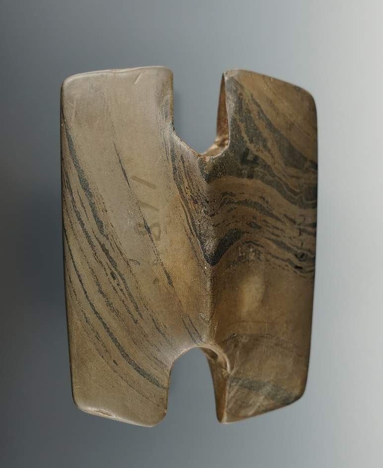 3 5/16" Archaic Bannerstone - green and black Banded Slate, found in Allegan Co., Ohio.