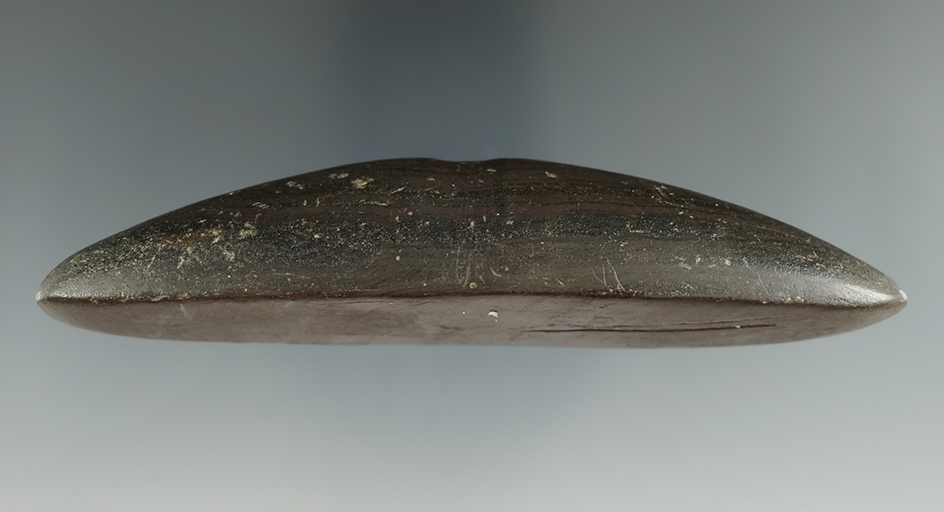 4 1/2" Beautifully made grooved Atlatl Weight. Great old example made from Banded Slate. Ohio.