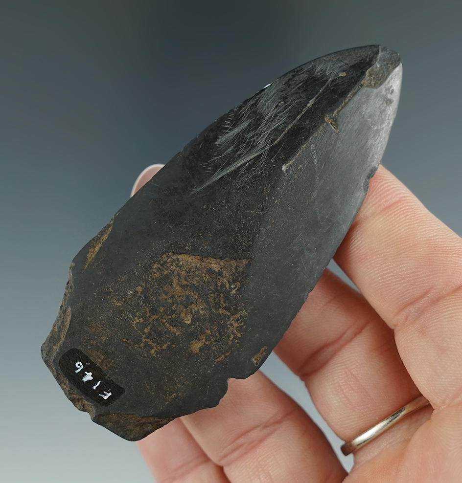 3 1/8" Nicely polished Inuit slate harpoon tip found at Kotzebue Sound, Alaska.Stermer COA.