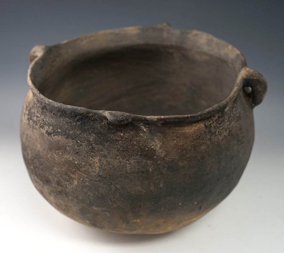 Large 8 1/2" wide x 6 1/2" tall restored Mississippian pottery vessel found in Arkansas.