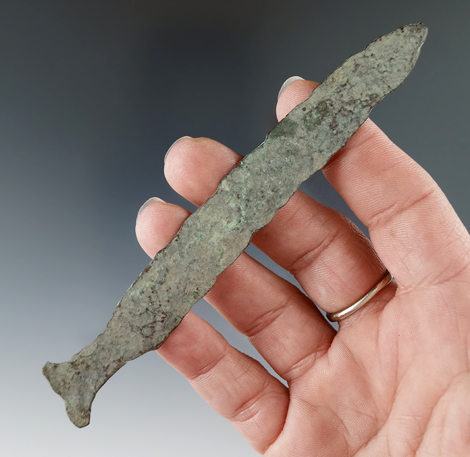 Very thin and nicely hammered 4 11/16" ancient Copper Stemmed point or Knife, Michigan.