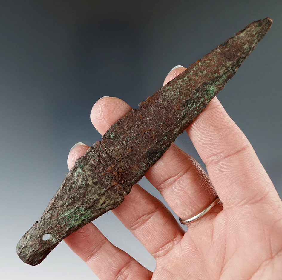 5 1/4" Socketed Spear Point with attachment perforations in base- Old Copper Culture, Michigan.