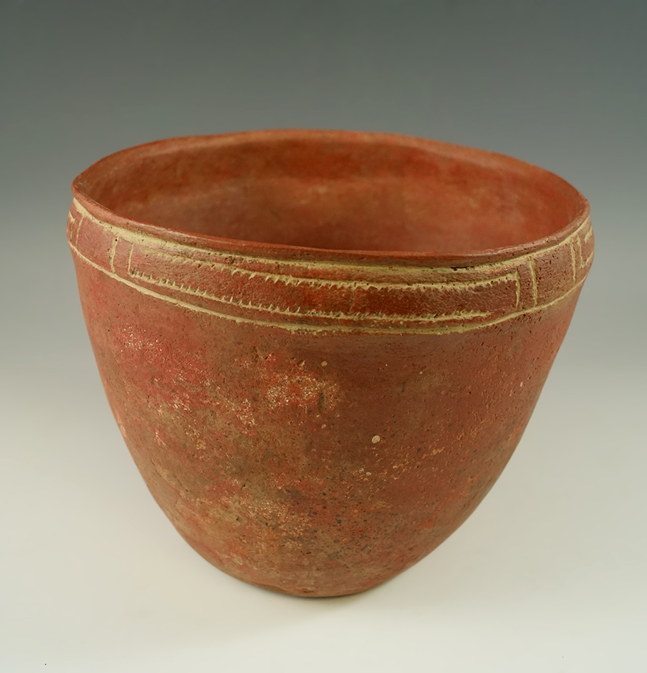 5" by 6 7/16" Avery engraved Caddo jar found in Red River County Texas. Davis COA.