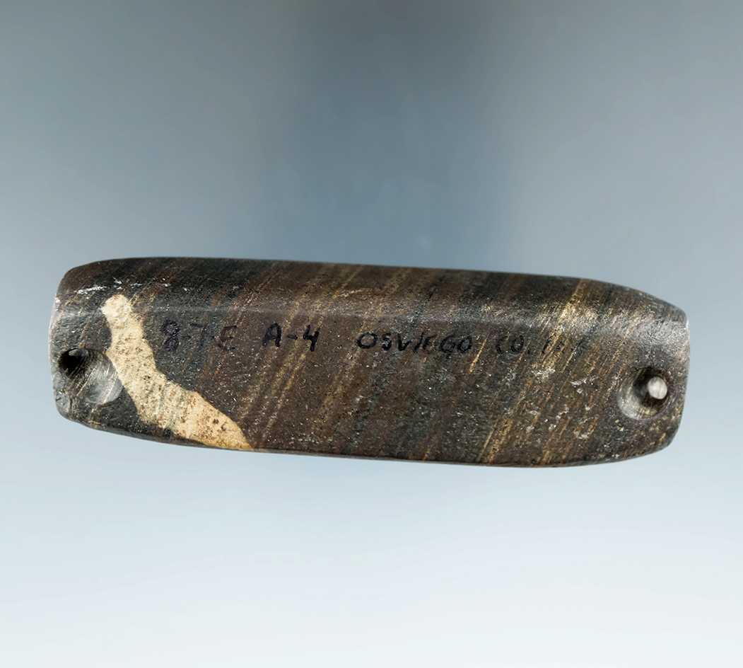 PICTURED! 3 5/8" Bar Amulet made from banded Glacial Slate found in Wego Co., New York. Davis COA.
