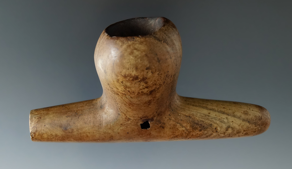 Rare! 4" Stone Pipe made from highly patinated banded Slate, found in Michigan.