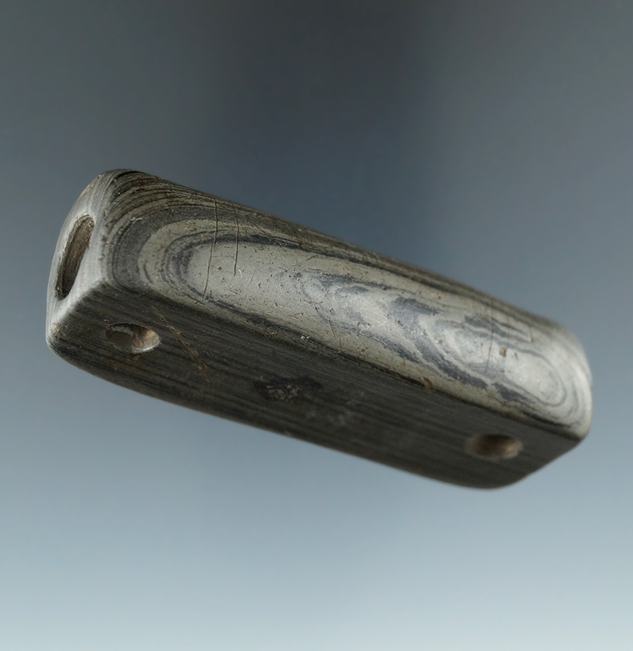 2 7/8" Highly engraved Banded Slate Bar Amulet found in Upper Sandusky, Ohio.