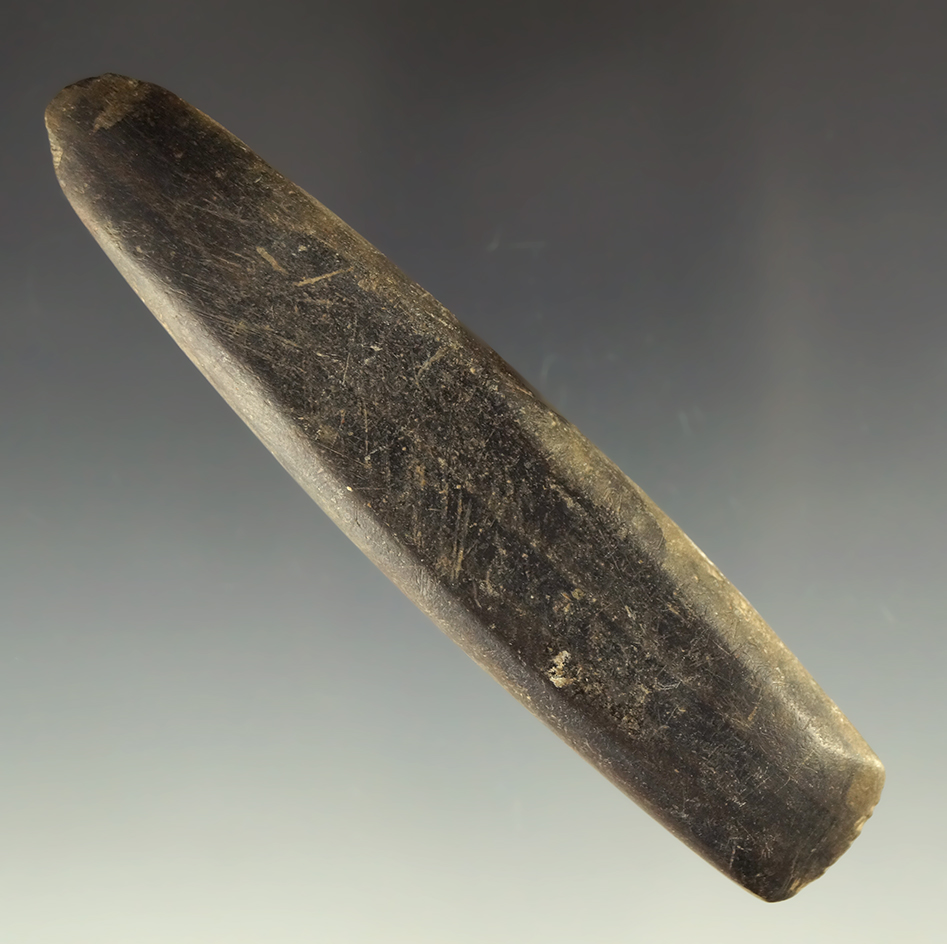 Nice 3 3/4" slate chisel with a nice bit area, found in the Midwest. Ex. Lewis Eulert collection.