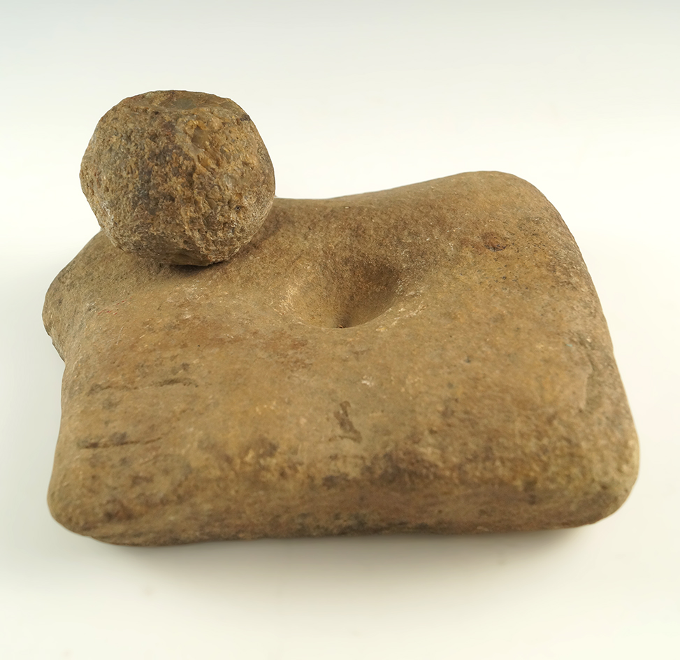Ex. Lar Hothem! 6 1/2" wide intentionally shaped stone pallet or Metate with a nutting stone.