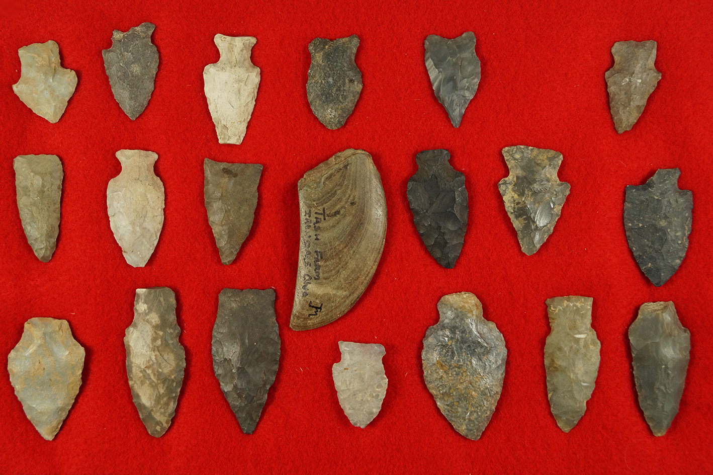 Group of 19 Flint artifacts and one Bannerstone Wing found in Ohio. Largest is 2 3/4".