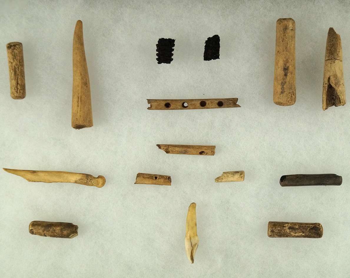 Group of assorted bone and antler artifacts collected at the Riker site, largest is 2 1/2".
