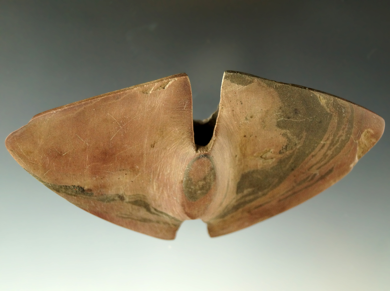 4 7/16" Double Notched Wing Bannerstone made from red and black banded slate found in Ohio.