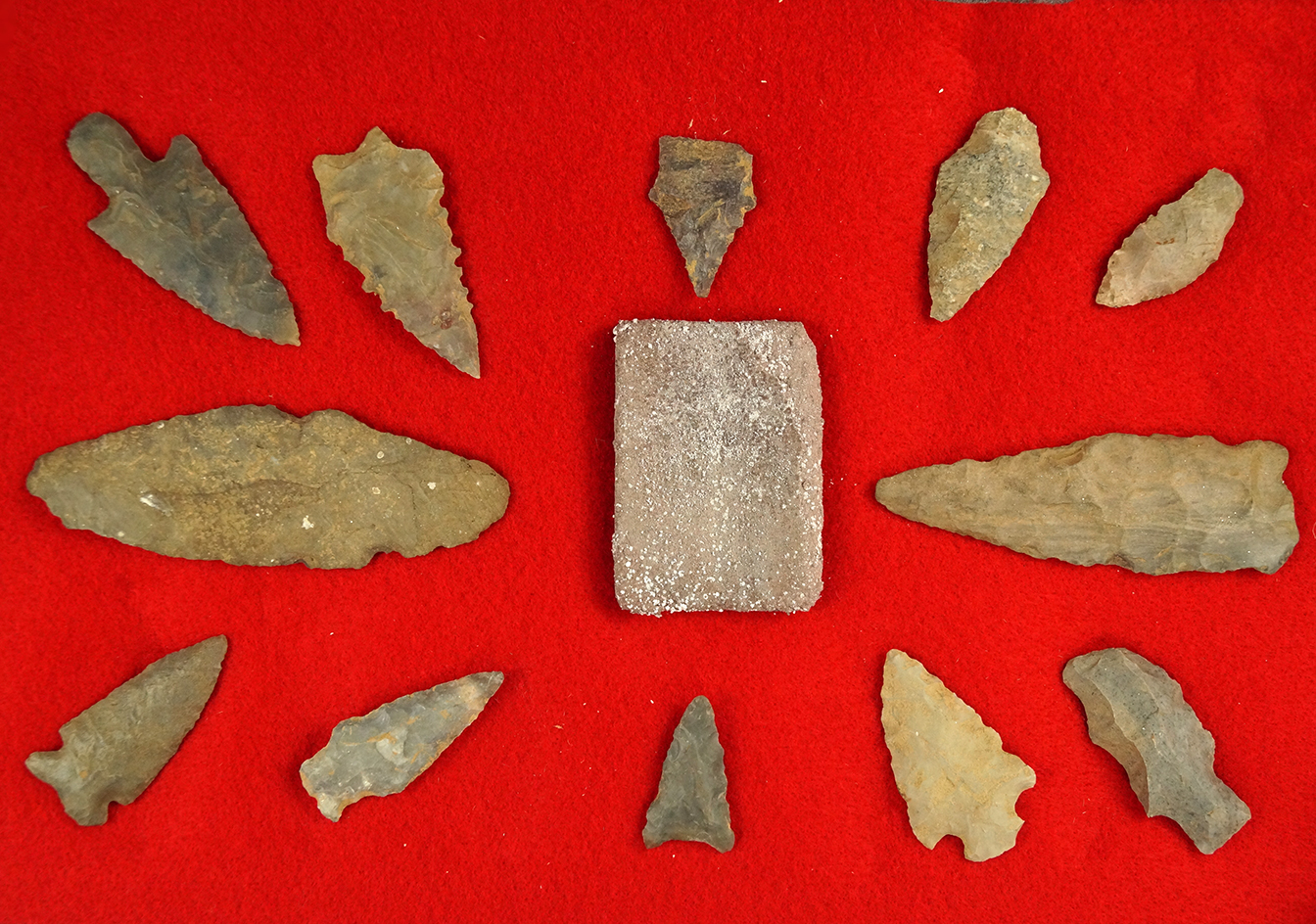 Frame set of assorted artifacts found near Clarksville Tennessee by the Cumberland River.