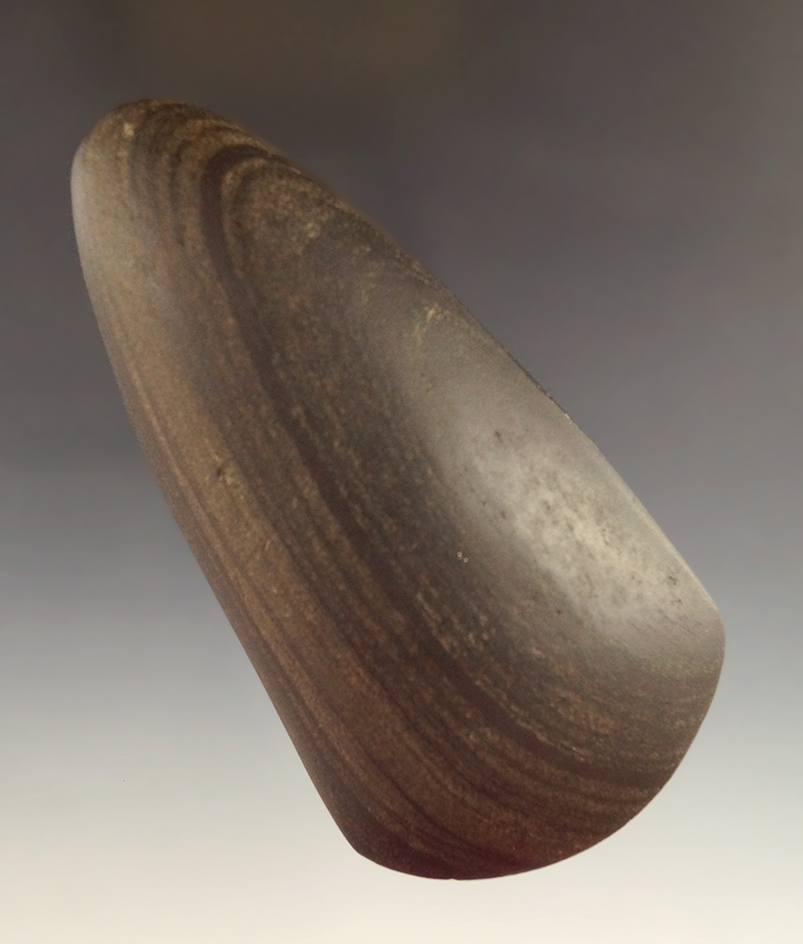 Highly polished 4 3/8" banded slate Celt found in Highland Co., Ohio. Ex. Lar Hothem.