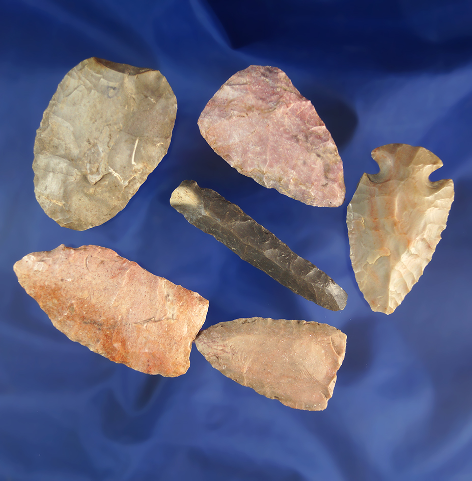 Set of six assorted Flint artifacts found in Missouri, largest is 2 5/16".