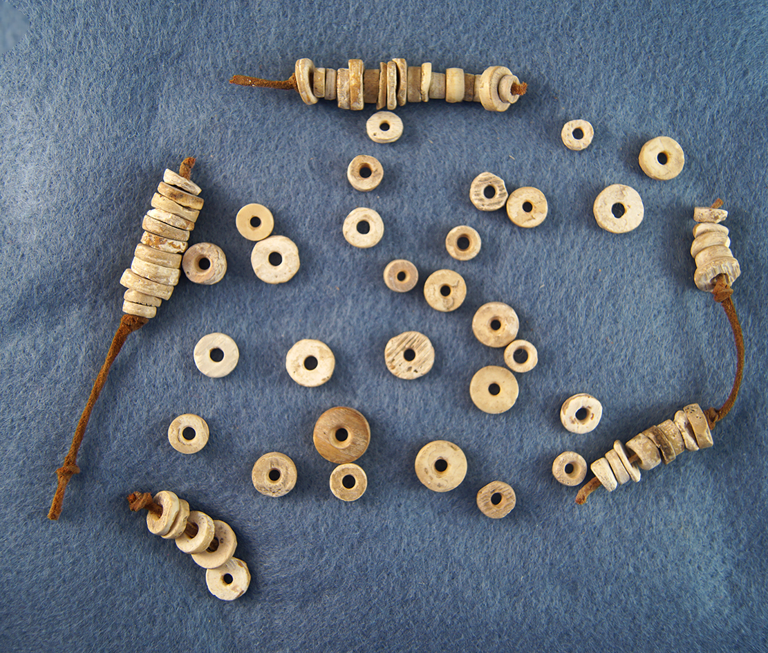 Shell beads recovered from a site in Kentucky. Most around 1/4" – 1/2" diameter.