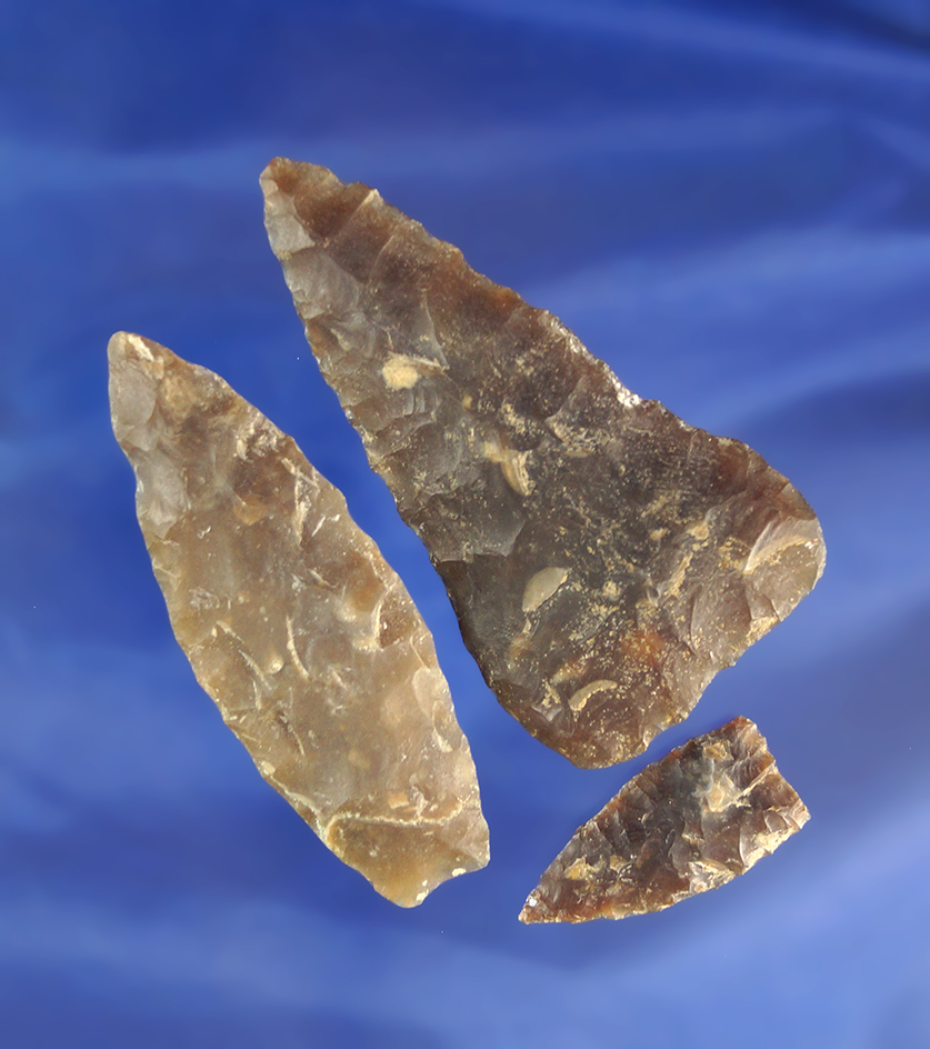 Set of three well patinated Texas Flint artifacts, largest is 2 1/2".