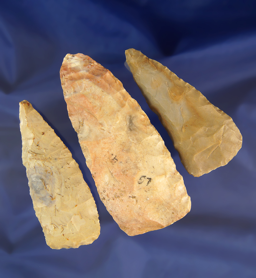 Set of three Flint Blades found in Illinois and Missouri, largest is 4".