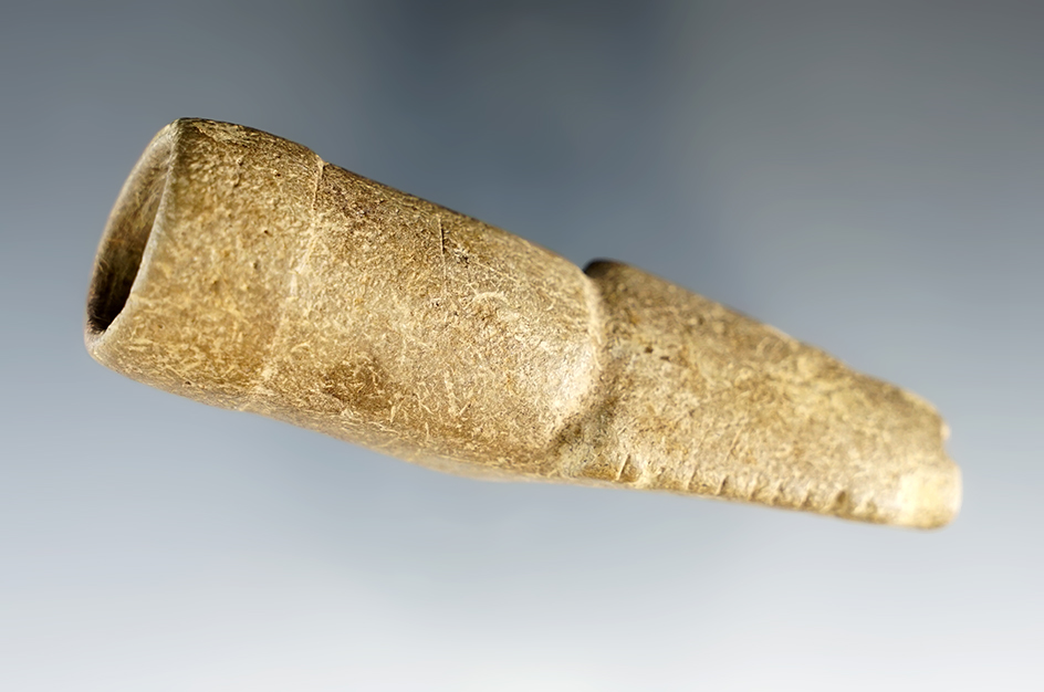 3 1/4" Limestone Obtuse Angle Pipe with tally marked inscised lines. Tremont City, Ohio