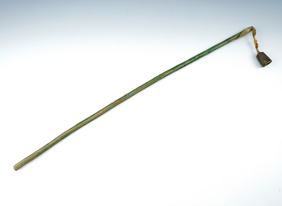 Very old 17" Dance Wand with original green paint and a thimble drop. Great Lakes area.